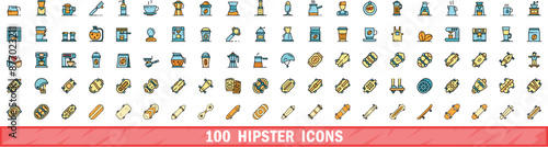 100 hipster icons set. Color line set of hipster vector icons thin line color flat on white