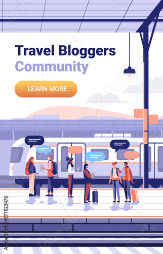 Travel bloggers at train station diverse people with luggage speech bubbles modern platform urban background communication journey planning