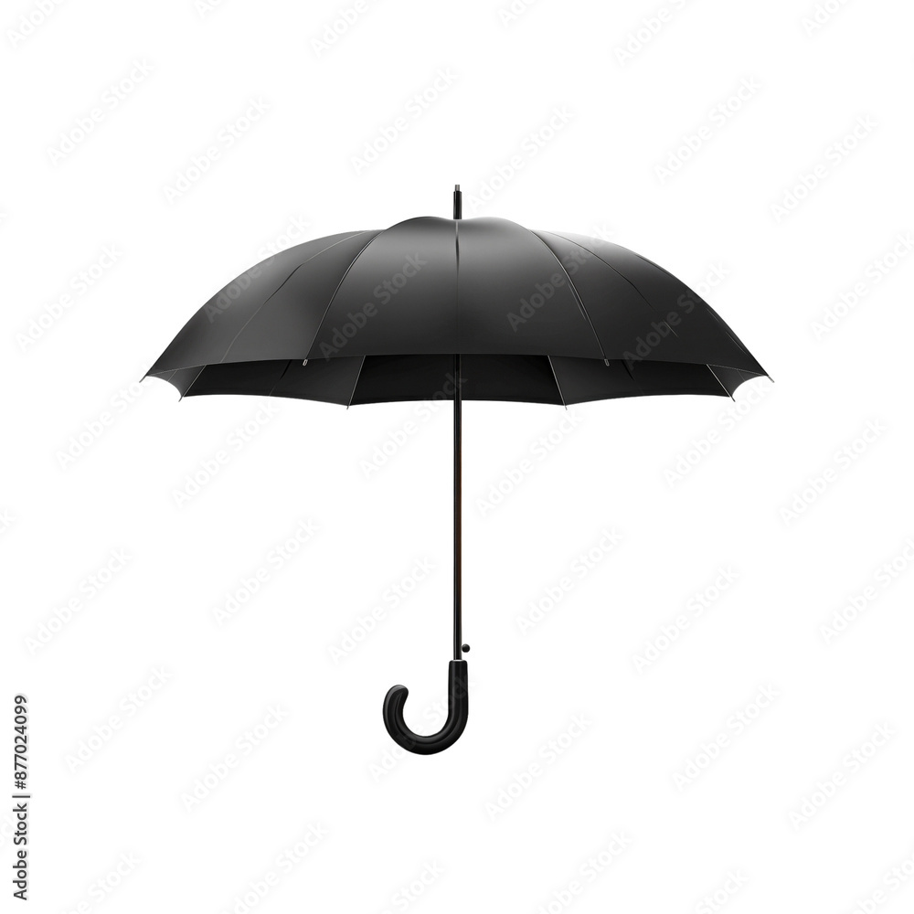 A black umbrella is open and sitting on a white background A black umbrella is open and sitting on a white background