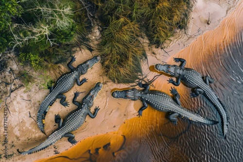 Aerial view of a small group of crocodiles sunbathing on a riverbank