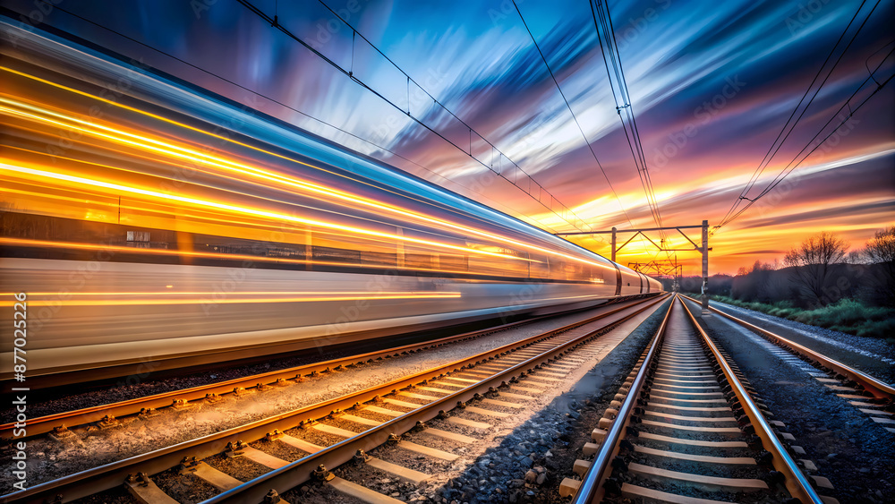 Fototapeta premium moving train at night at sunset at speed