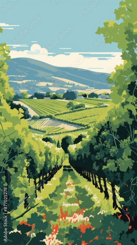 Obraz premium Woodblock print vineyard nature outdoors.