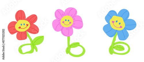 Three Vintage soft flower from 2000s. Vector flat illustration in neon colors isolated on white background. Perfect for decoration, stickers and logo