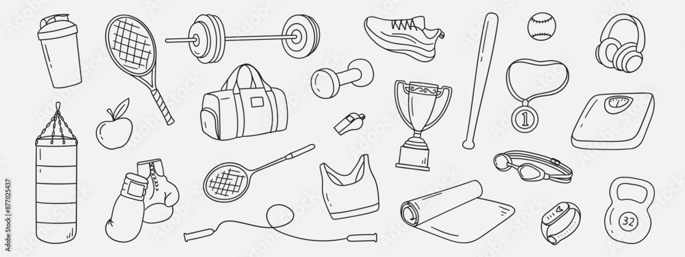 Set of drawings of sketches of sports equipment. Hand drawn sketch of healthy sport, gym. Vector illustration. Set of drawings of sketches of sports equipment. Hand drawn sketch of healthy sport, gym. Vector illustration.