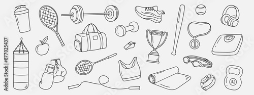 Set of drawings of sketches of sports equipment. Hand drawn sketch of healthy sport, gym. Vector illustration.