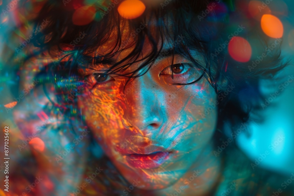 Obraz premium Close up portrait of asian man with vibrant neon lights, creating dramatic and ethereal atmosphere with colorful reflections, essence of urban nightlife, creative lighting photography