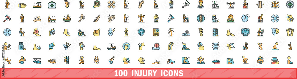 100 injury icons set. Color line set of injury vector icons thin line color flat on white 100 injury icons set. Color line set of injury vector icons thin line color flat on white