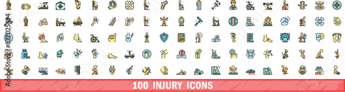 100 injury icons set. Color line set of injury vector icons thin line color flat on white