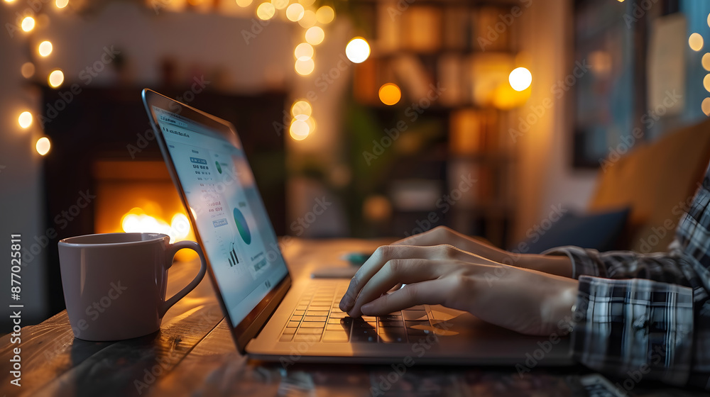Person working on a laptop in a cozy home office setting with warm lighting and a cup of coffee. Perfect for remote work or freelancing themes. Person working on a laptop in a cozy home office setting with warm lighting and a cup of coffee. Perfect for remote work or freelancing themes.
