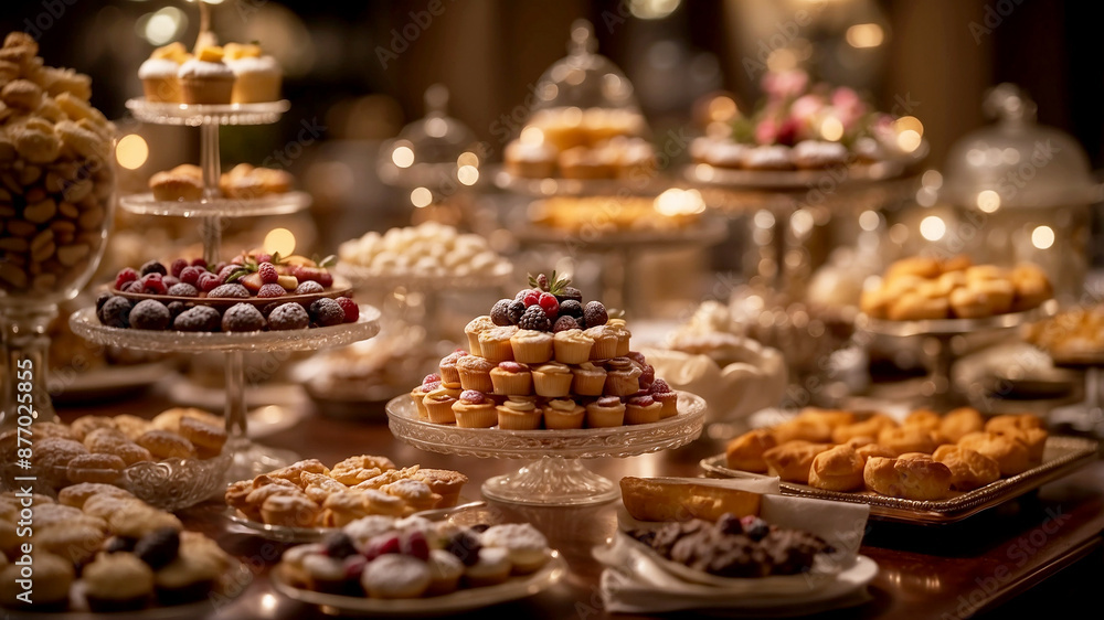 Dessert Buffet Extravaganza Create a sweeping shot of a dessert buffet spread, featuring an array of miniature pastries, cakes, and tarts displayed on elegant tiered trays Dessert Buffet Extravaganza Create a sweeping shot of a dessert buffet spread, featuring an array of miniature pastries, cakes, and tarts displayed on elegant tiered trays
