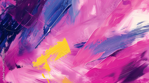 Abstract colorful painting with vibrant pink, blue, and yellow brushstrokes creating dynamic textures.