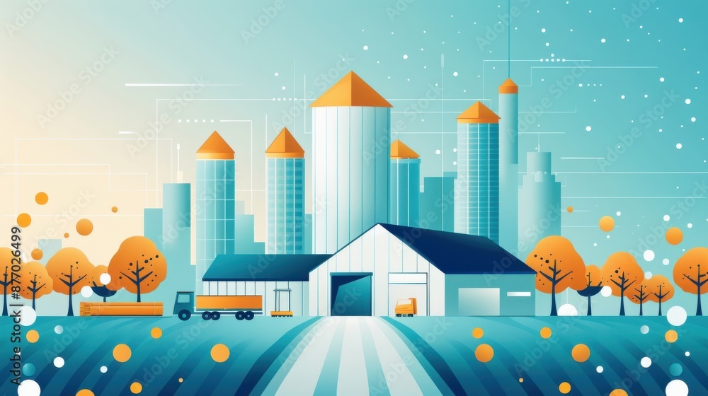 Farm distribution, produce moving from farms to markets, flat design illustration Farm distribution, produce moving from farms to markets, flat design illustration