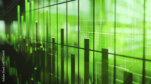 Abstract Green Data Visualization. Green digital bars and grids create an abstract visual of data analysis, highlighting technology's role in environmental and economic trends.