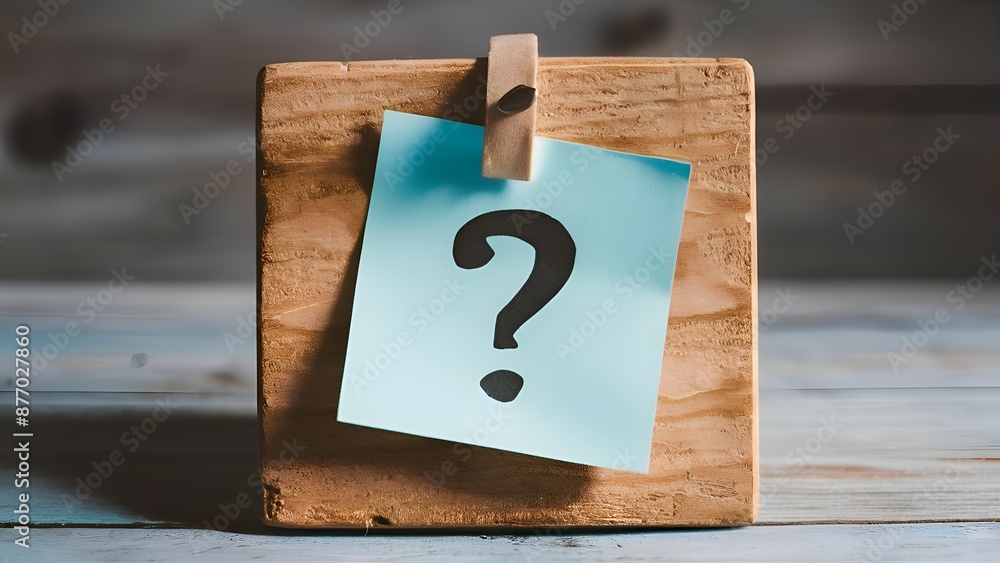 Pastel blue sticky note with a question mark, attached to a rustic wooden board Pastel blue sticky note with a question mark, attached to a rustic wooden board