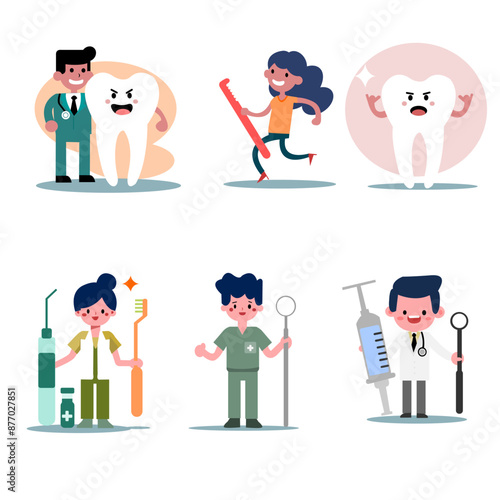 dentist flat design icon characters illustration poster, health promotion