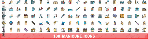 100 manicure icons set. Color line set of manicure vector icons thin line color flat on white