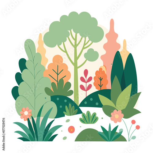 Vibrant vector forest! Lush green trees  colorful wildflowers create a peaceful, sun-dappled scene perfect for design projects.