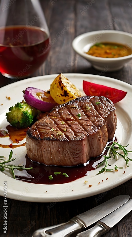 Juicy beef steak or meat with spices and grilled vegetables on dark background Juicy beef steak or meat with spices and grilled vegetables on dark background