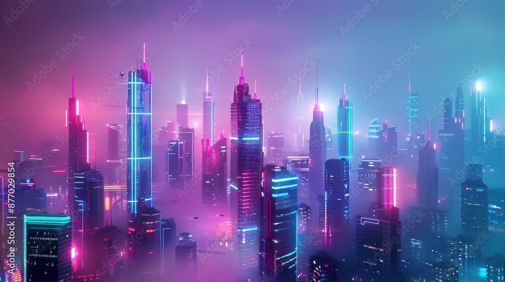 Obraz premium Futuristic city with towering skyscrapers and flying cars, neon lights, realistic, 8K, UHD