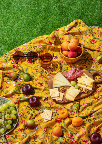 Vibrant summer picnic with assortment of snacks on floral blanket photo