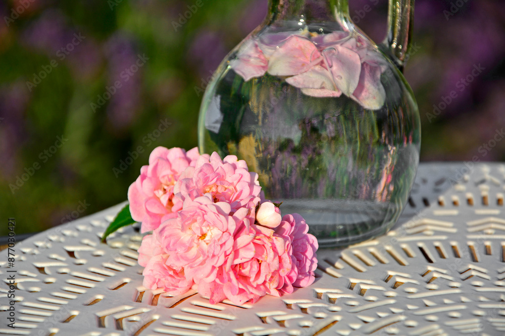 woda różana w szkalnej butelce z korkiem, woda aromatyzowana płatkami róży w butelce, rose water in a glass bottle, water flavored with rose petals in a bottle, Rose water in a glass bottle