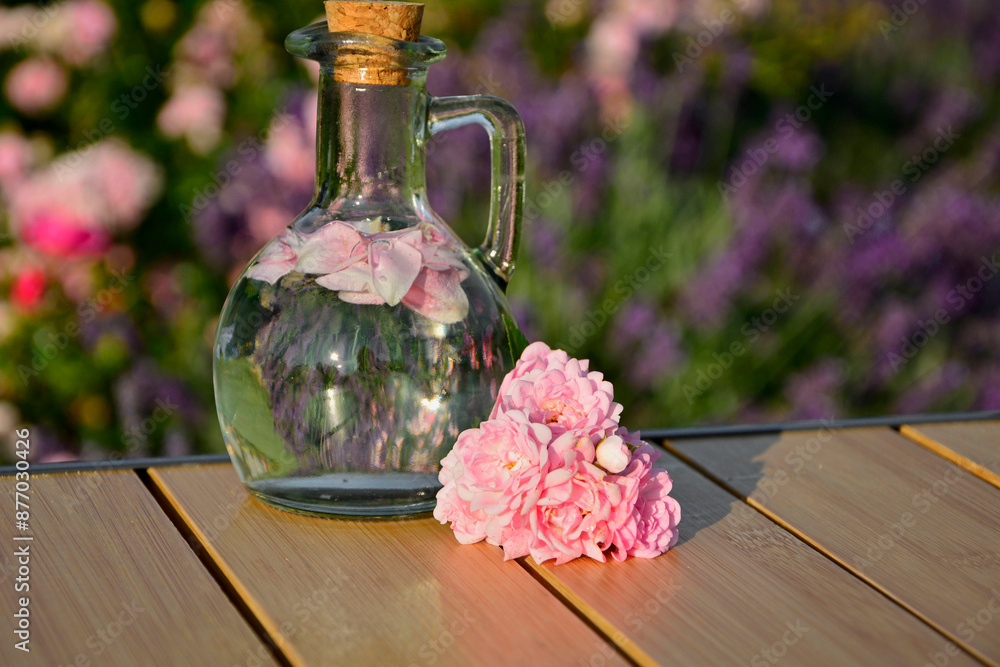 woda różana w szkalnej butelce z korkiem, woda aromatyzowana płatkami róży w butelce, rose water in a glass bottle, water flavored with rose petals in a bottle, Rose water in a glass bottle