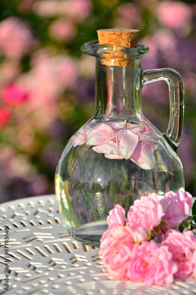woda różana w szkalnej butelce z korkiem, woda aromatyzowana płatkami róży w butelce, rose water in a glass bottle, water flavored with rose petals in a bottle, Rose water in a glass bottle