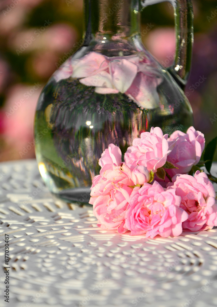 woda różana w szkalnej butelce z korkiem, woda aromatyzowana płatkami róży w butelce, rose water in a glass bottle, water flavored with rose petals in a bottle, Rose water in a glass bottle