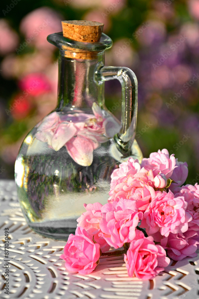 woda różana w szkalnej butelce z korkiem, woda aromatyzowana płatkami róży w butelce, rose water in a glass bottle, water flavored with rose petals in a bottle, Rose water in a glass bottle