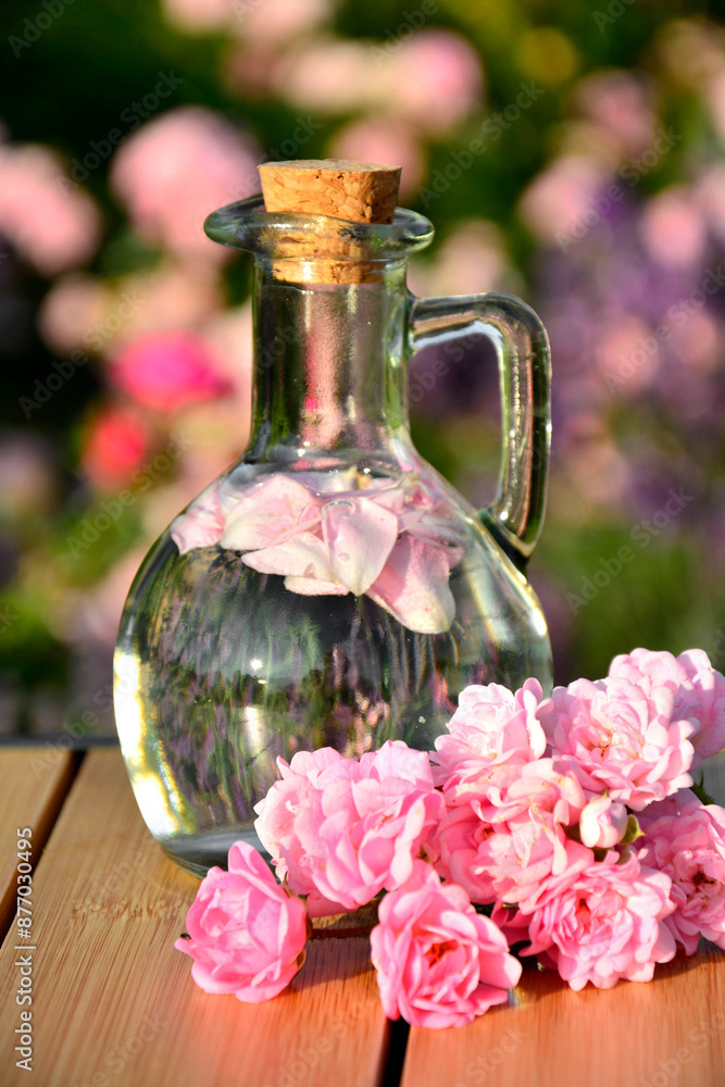 woda różana w szkalnej butelce z korkiem, woda aromatyzowana płatkami róży w butelce, rose water in a glass bottle, water flavored with rose petals in a bottle, Rose water in a glass bottle