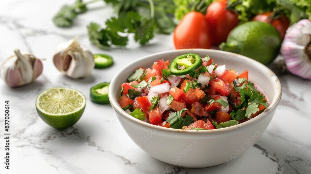 White Marble. Fresh Salsa Bowl with Lime, Tomatoes, Garlic, Jalapeno, Onion, and Cilantro Ingredients White Marble. Fresh Salsa Bowl with Lime, Tomatoes, Garlic, Jalapeno, Onion, and Cilantro Ingredients