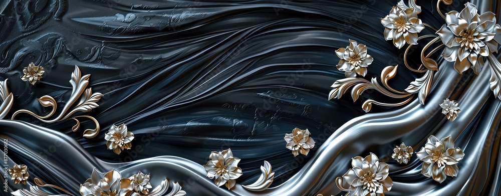 Generate a realistic template with traditional Thai patterns in silver and black, featuring ample copy space for a premium look Generate a realistic template with traditional Thai patterns in silver and black, featuring ample copy space for a premium look