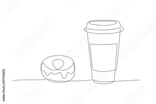 Donuts and coffee. Fast food concept one-line drawing