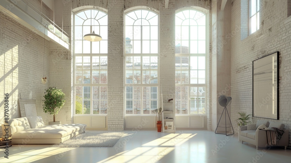 White Windows in Loft Style Interior with Modern Beige Hall and Large Living Room White Windows in Loft Style Interior with Modern Beige Hall and Large Living Room