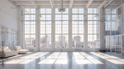 White Windows in Modern Loft Style Interior with Beige Hall and Large Living Room
