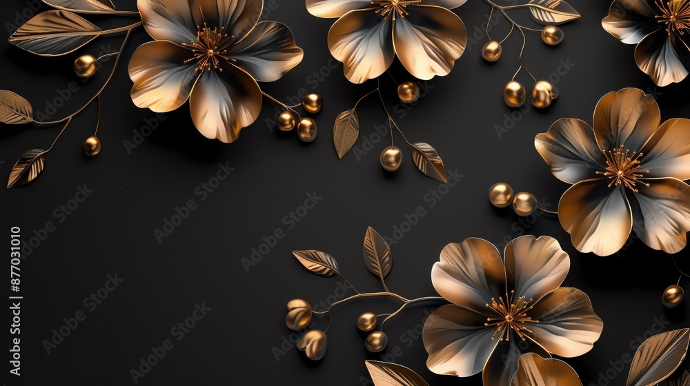 Generate a realistic template featuring traditional Thai floral patterns in gold and black, ensuring plenty of copy space and a sophisticated design Generate a realistic template featuring traditional Thai floral patterns in gold and black, ensuring plenty of copy space and a sophisticated design