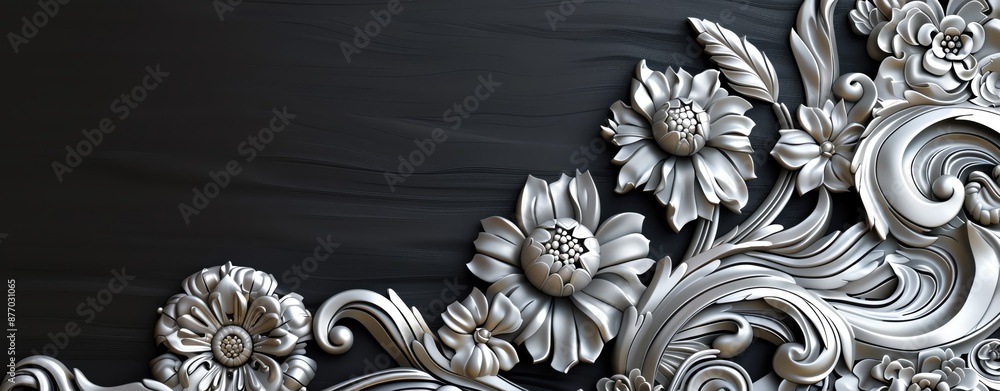 Generate a realistic template with traditional Thai patterns in silver and black, featuring ample copy space for a premium look Generate a realistic template with traditional Thai patterns in silver and black, featuring ample copy space for a premium look
