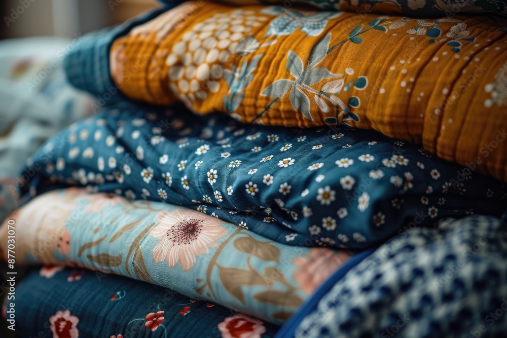 Fototapeta premium Work Table. Closeup of Fabrics for Autumn Baby Clothes Collection at Atelier