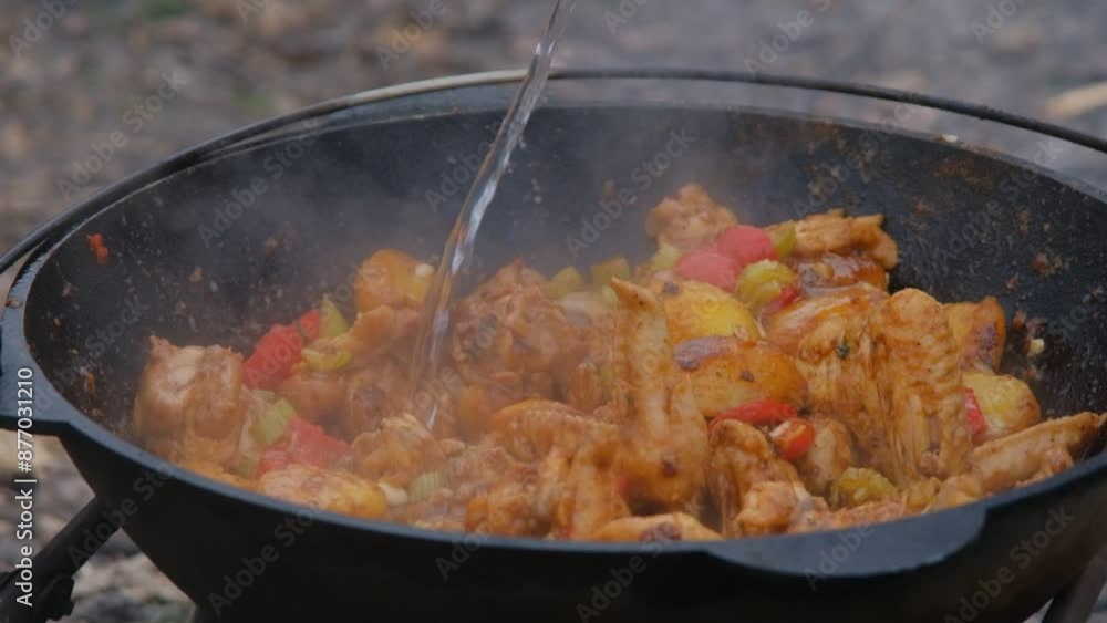 The cook adds water to the cauldron. Adding water to the dish. Water is poured into a cauldron slow motion. The meat is stewed in a cauldron. The cook adds water to the cauldron. Adding water to the dish. Water is poured into a cauldron slow motion. The meat is stewed in a cauldron.