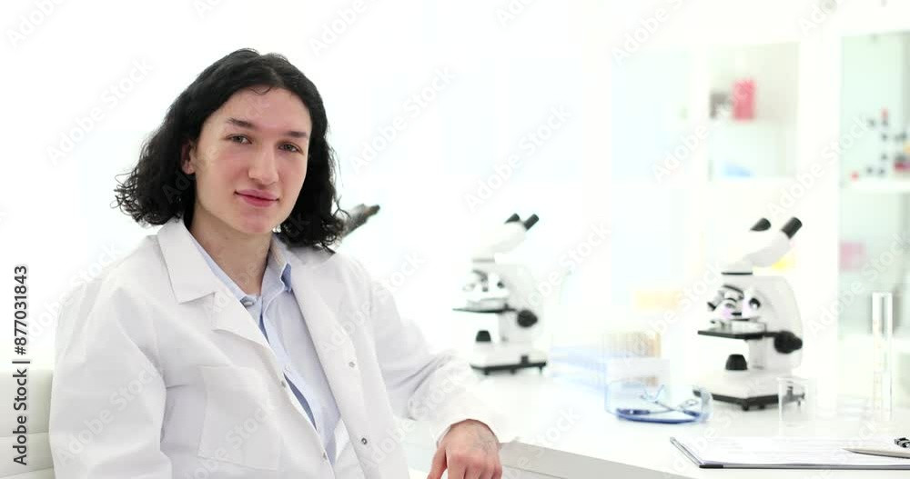 Young male scientist sits at table in laboratory looking in camera and slightly smiling. Long-haired man in white lab coat at workplace Young male scientist sits at table in laboratory looking in camera and slightly smiling. Long-haired man in white lab coat at workplace