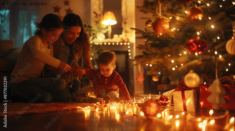 Group of people sitting around a christmas tree Group of people sitting around a christmas tree