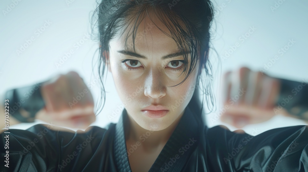 Close-up of a Japanese woman practicing martial arts with focus, wearing a black workout outfit, standing in front of a white background, Portrait close-up, hyper-realistic, high detail, Close-up of a Japanese woman practicing martial arts with focus, wearing a black workout outfit, standing in front of a white background, Portrait close-up, hyper-realistic, high detail,