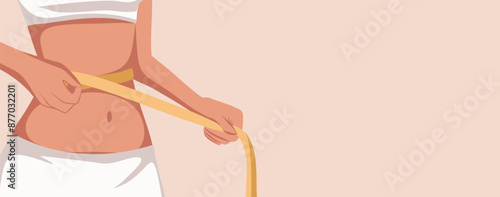 Beautiful athletic body woman measuring her figure parameters vector template for design on the theme of body massage plastic surgery weight loss