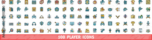 100 player icons set. Color line set of player vector icons thin line color flat on white