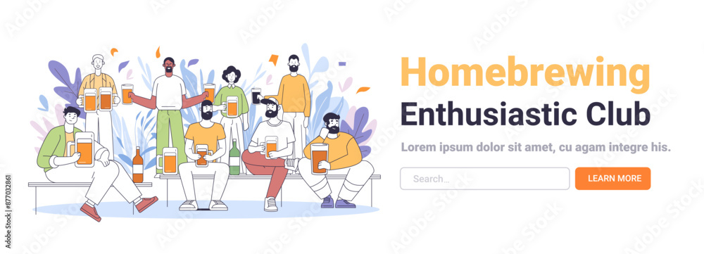 Fototapeta premium Group of diverse people enjoying beer together holding mugs bottles and glasses surrounded by abstract foliage and decorative elements