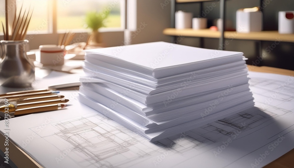 A stack of blank white paper sheets on an artist's drafting table with sketches. A stack of blank white paper sheets on an artist's drafting table with sketches.