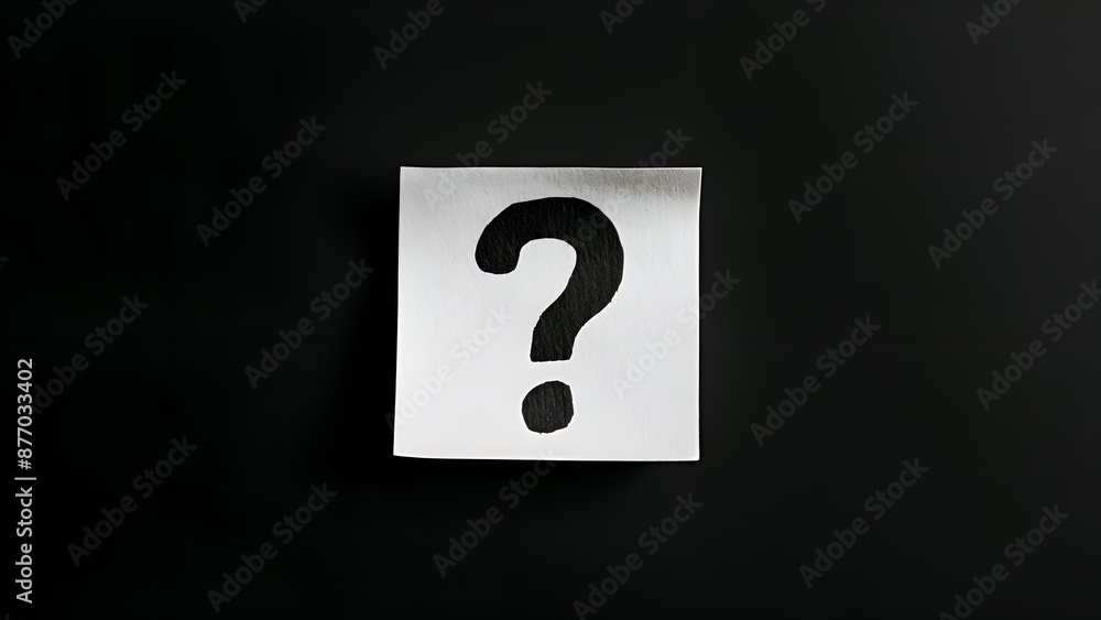 White sticky note with a black question mark, solid black background White sticky note with a black question mark, solid black background