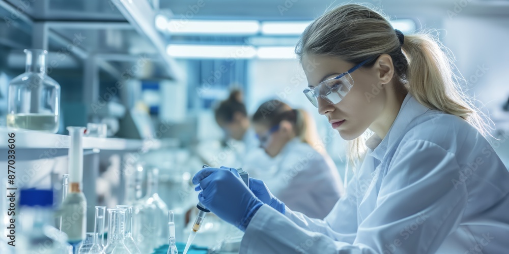 A focused female scientist working in a laboratory with various scientific equipment. A focused female scientist working in a laboratory with various scientific equipment.