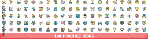 100 practice icons set. Color line set of practice vector icons thin line color flat on white