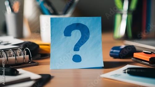 Blue sticky note with a question mark, surrounded by office supplies on a desk